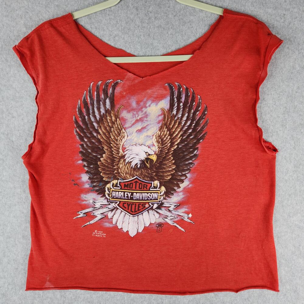 Vintage Harley-Davidson Shirt Womens Medium Red Cropped 3D Emblem 1987 Eagle 80s